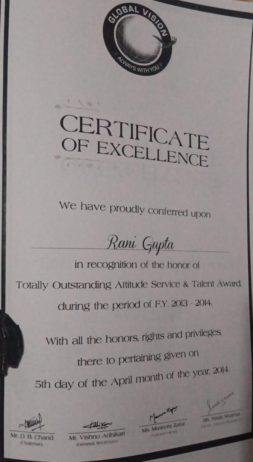 Certificate for Excellence